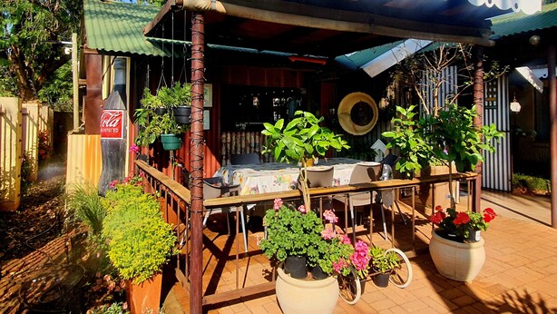 Un área de estar al aire libre con techo, con una mesa y sillas, rodeada de plantas en macetas y un letrero de Coca-Cola.