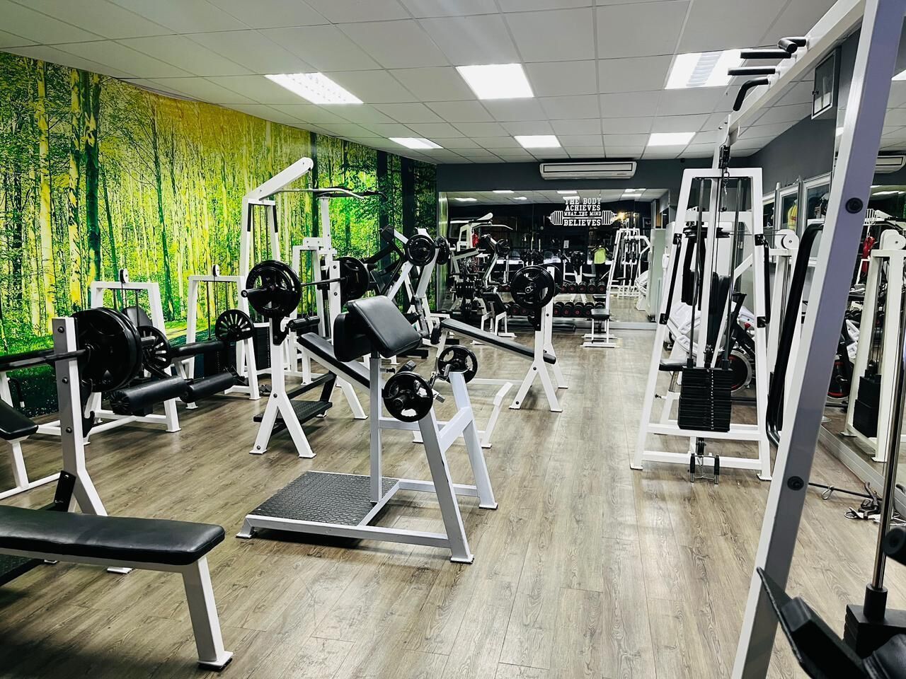 Un gimnasio con diferentes máquinas de ejercicio, bancos y un espejo grande.