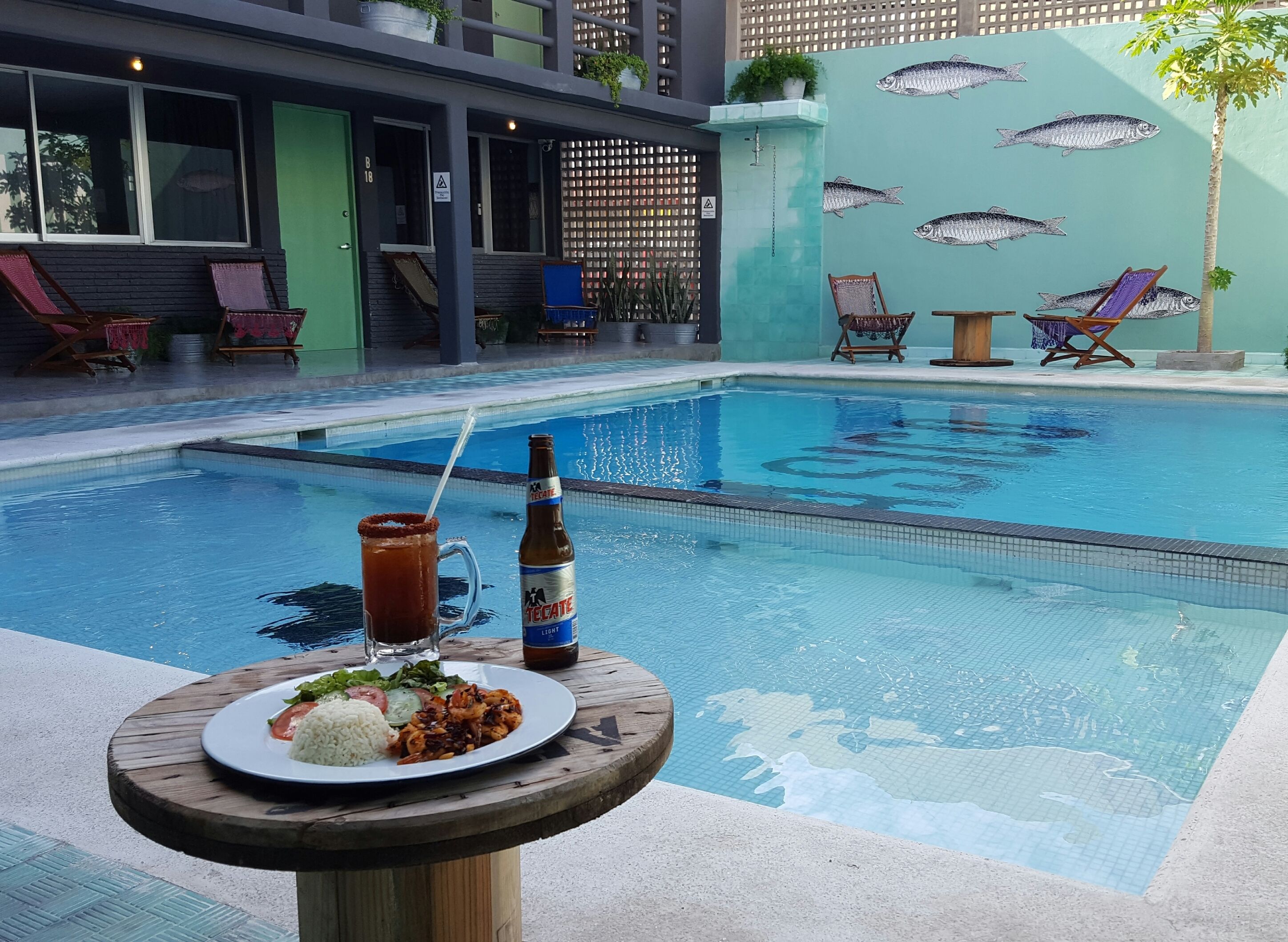 outdoor pool, pool loungers