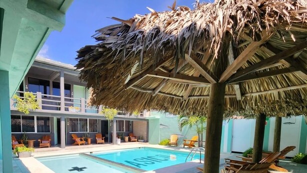 A pool area with a thatched roof, wooden lounge chairs, and a building with large windows.