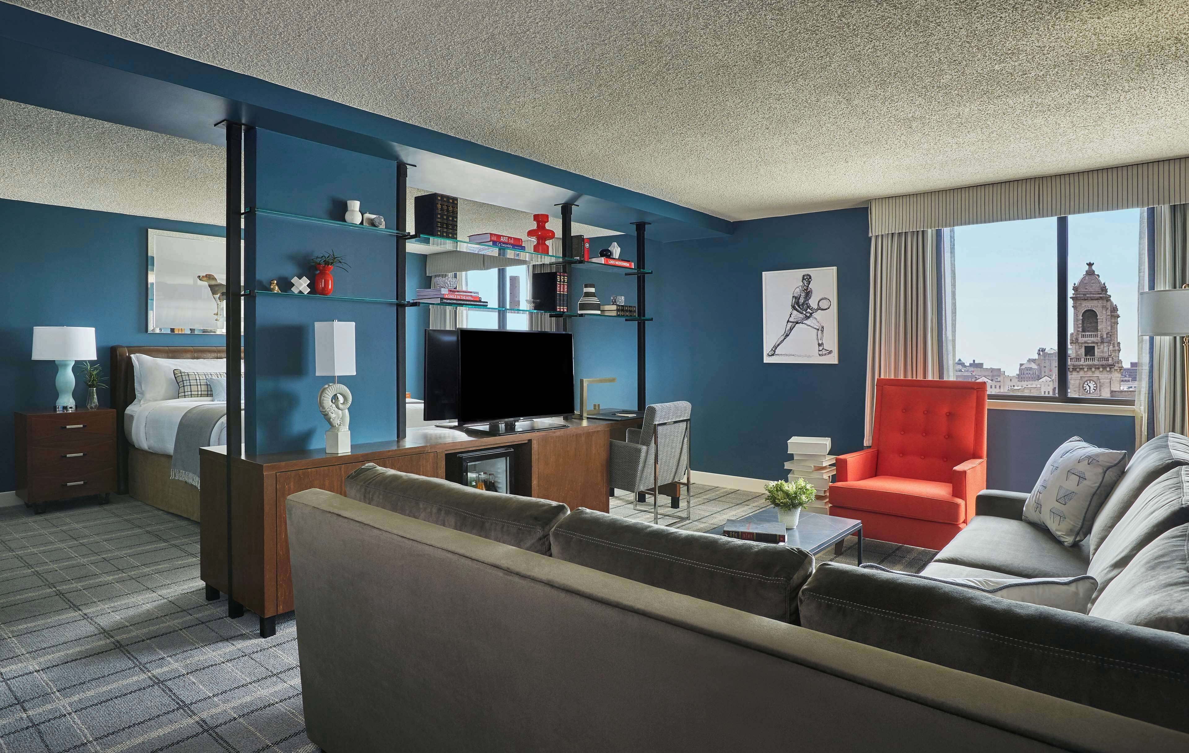 42-inch TV with cable channels, iPod dock