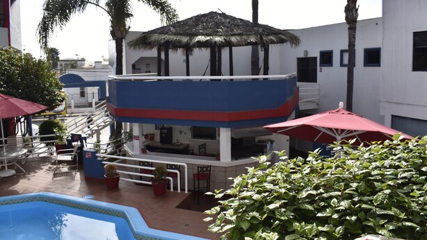 A pool area with a thatched-roof structure, outdoor seating, and palm trees. - Hotel Mediterraneo (Playas de Rosarito)