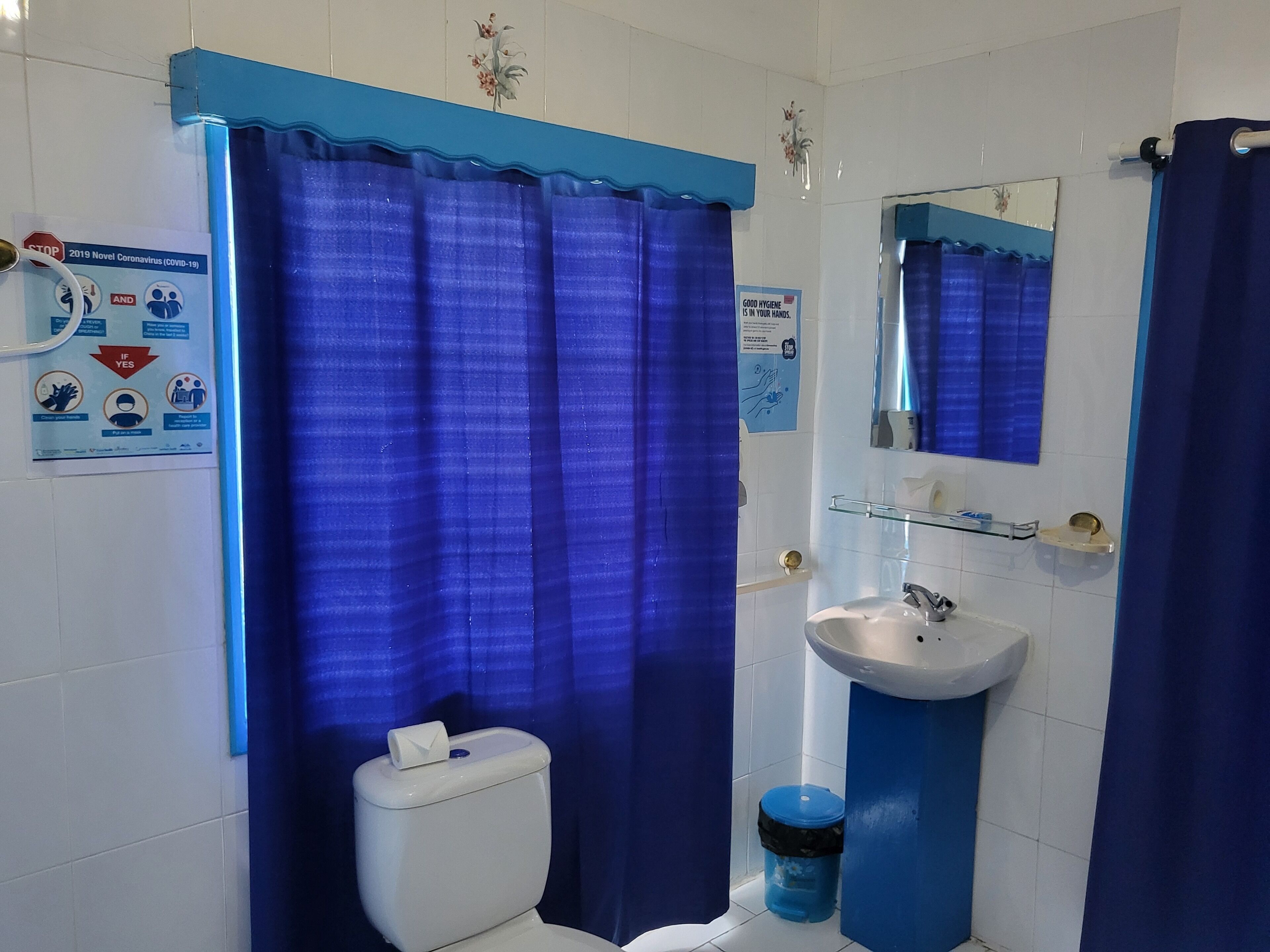 Une salle de bain avec des toilettes, un lavabo et un rideau de douche. Des affiches sur l’hygiène sont accrochées au mur.