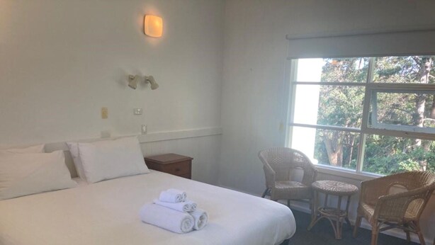 A hotel room with a large bed, a nightstand, a chair, and a window with a view of trees.