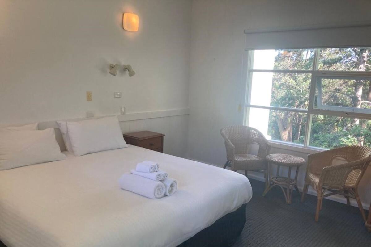 A hotel room with a large bed, a nightstand, a chair, and a window with a view of trees.