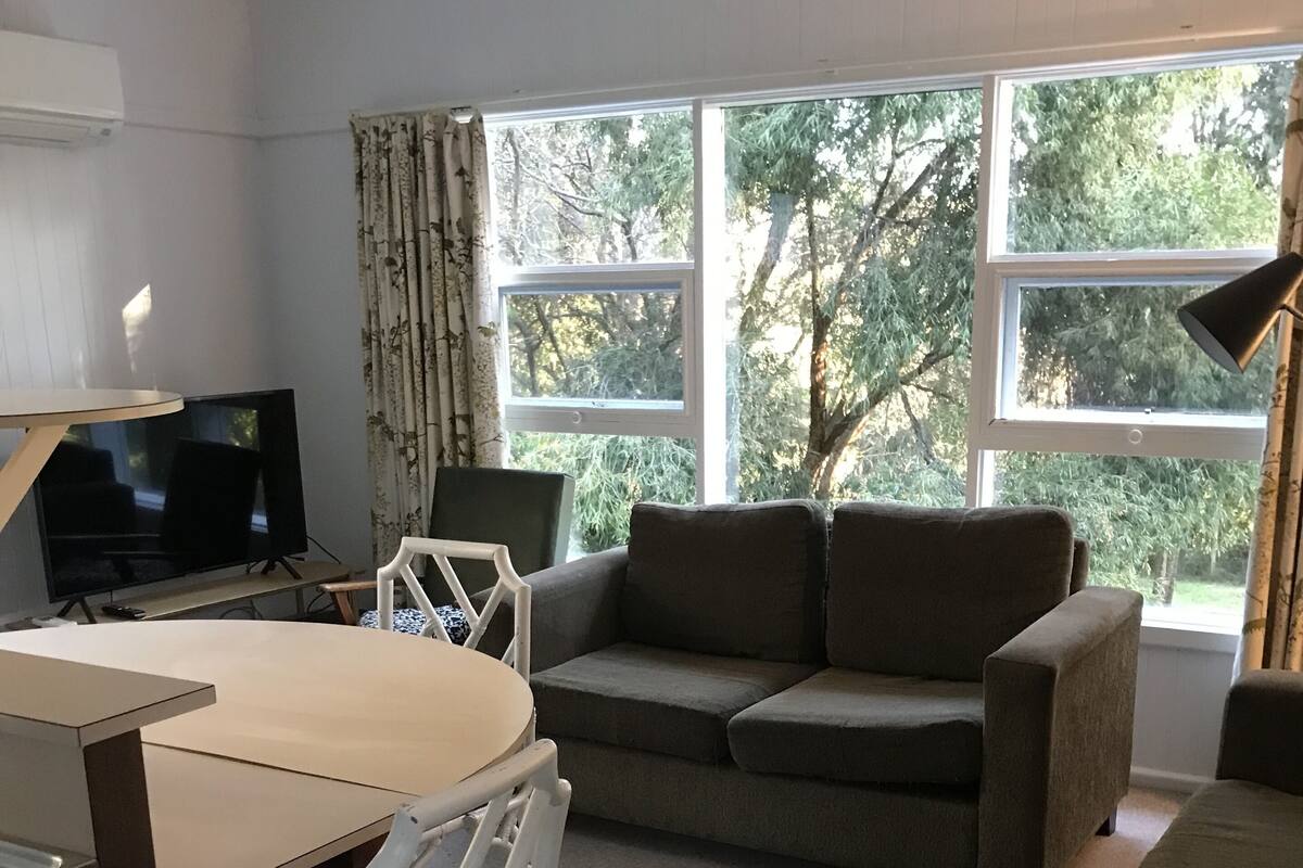 A living room with a sofa, a dining table with chairs, a television, and large windows with a view of trees.