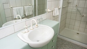 A bathroom with a white sink, a mirror, and a shower area.