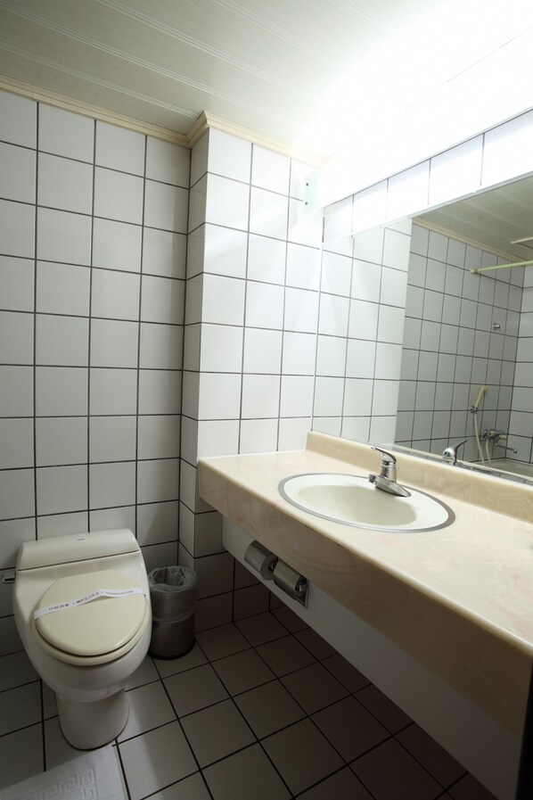 A bathroom with a toilet, a sink, and a trash bin.