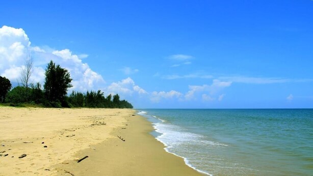 A sandy beach with gentle waves, clear skies, and a line of trees in the background. - RoomZ Hotel (Seria)