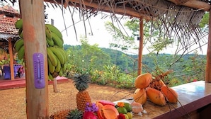 A tropical outdoor setting with a wooden table displaying various fruits and vegetables, a thermometer, and a view of lush greenery. - Kurulu Estate (Rakwana)