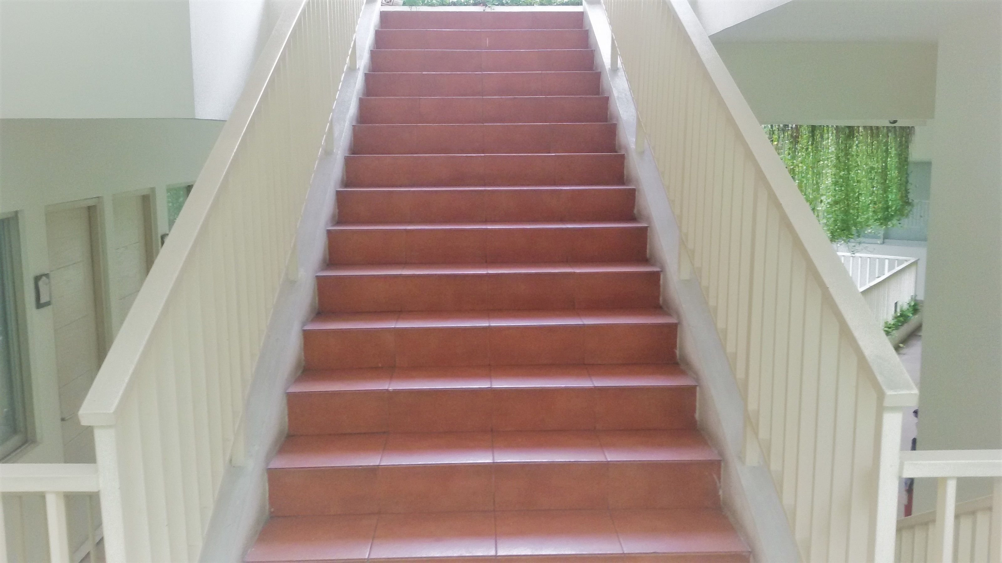 A staircase with a handrail on both sides, leading to an upper floor.