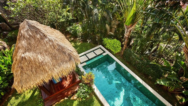A pool with a thatched-roof hut and lush greenery. - NB Villa Lilawadee (Koh Samui)