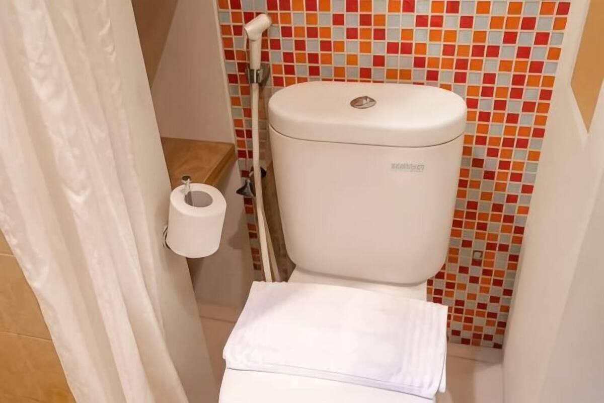 A bathroom with a toilet, a roll of toilet paper, and a shower curtain.
