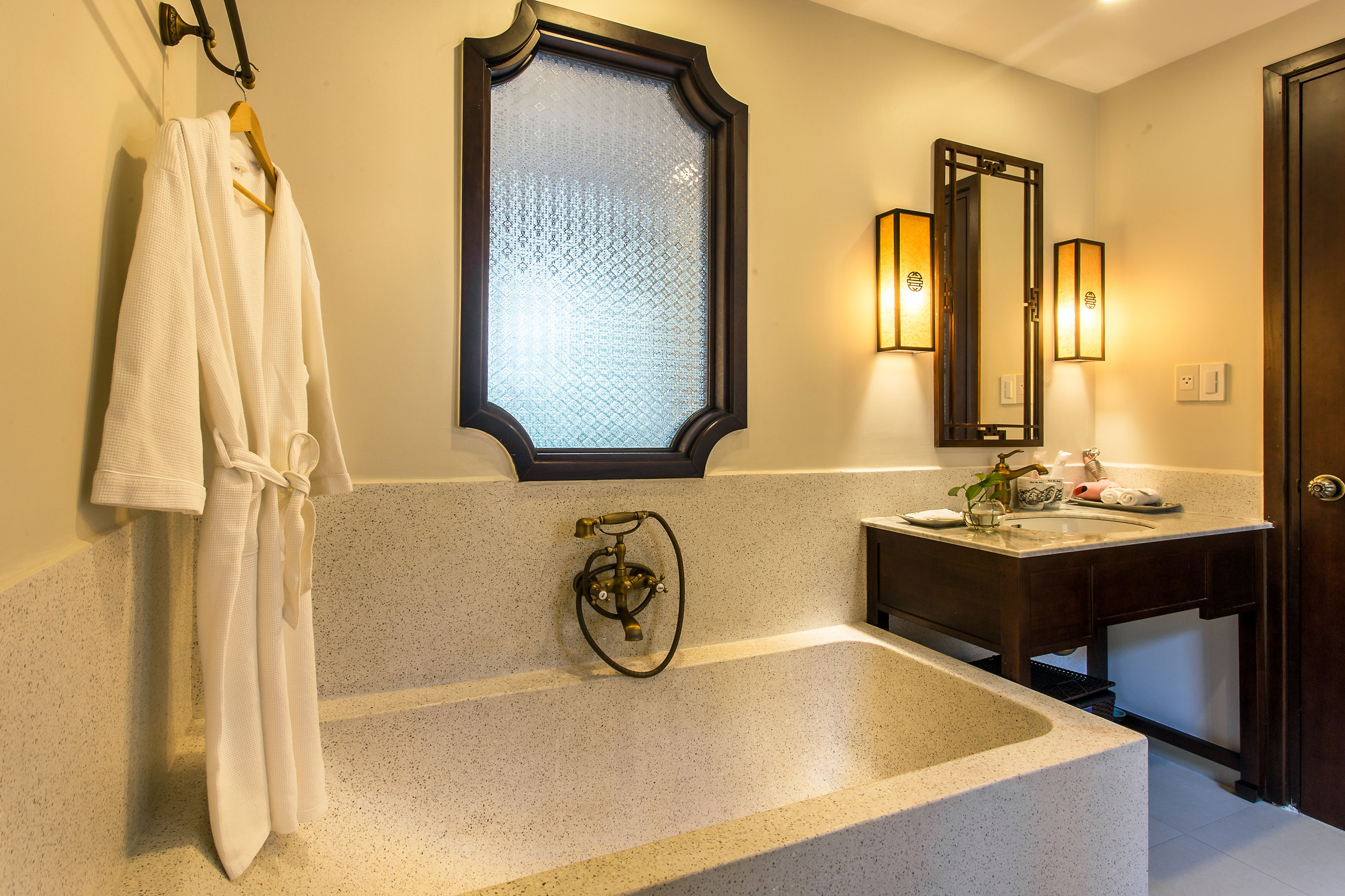 separate bathtub and shower, free toiletries, hair dryer, bathrobes