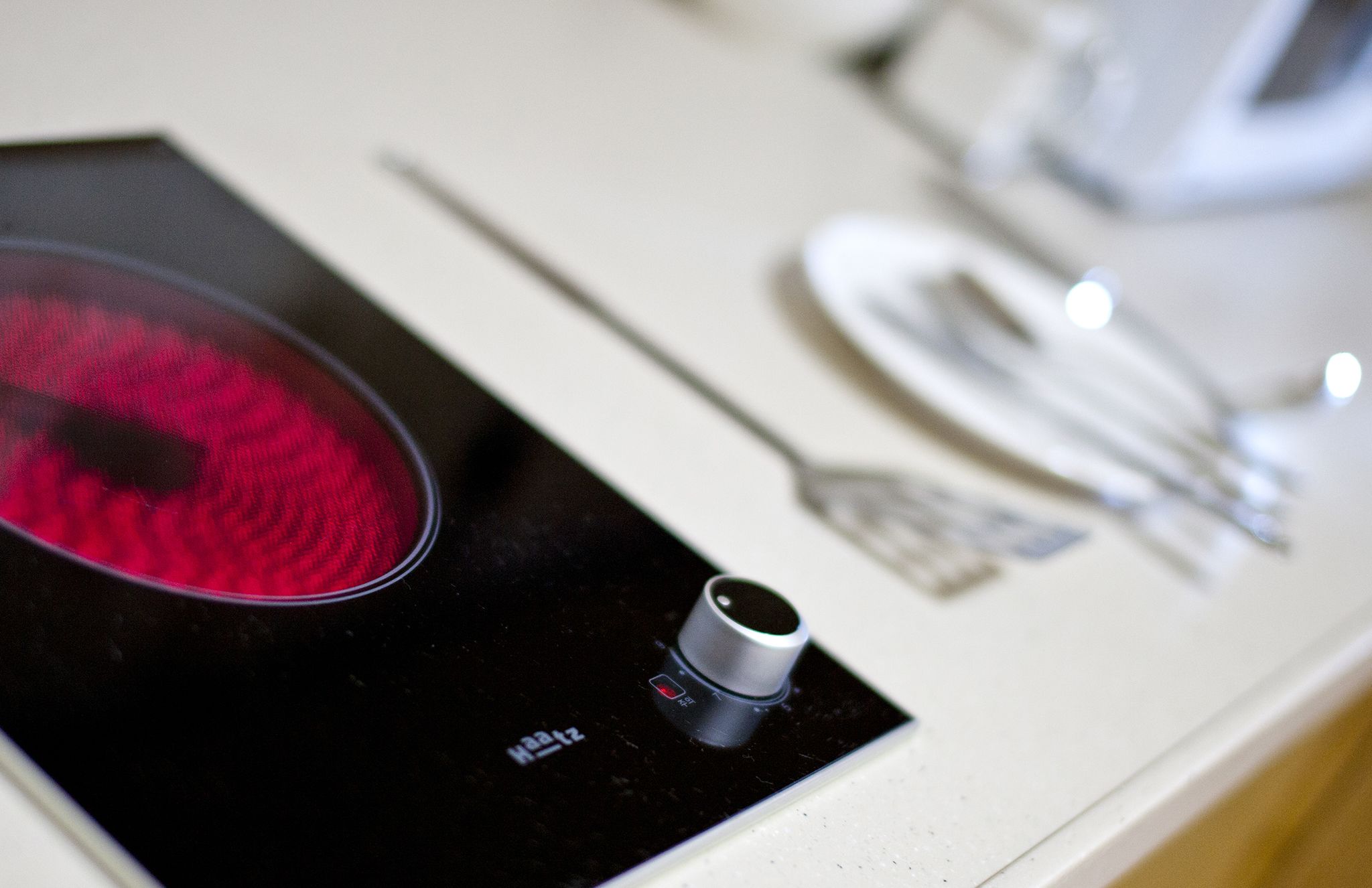 A kitchen counter with a black induction cooktop, a silver pot, and a white plate.