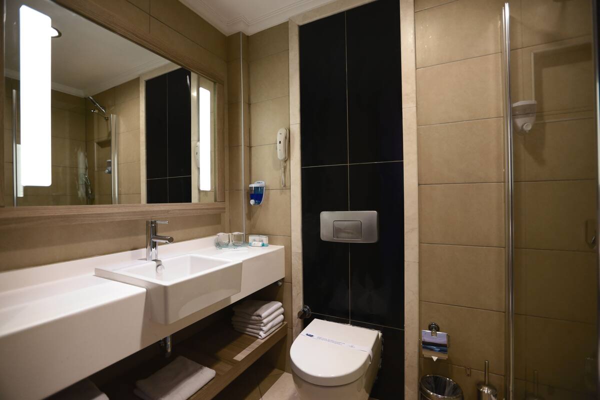 Shower, free toiletries, hair dryer, slippers