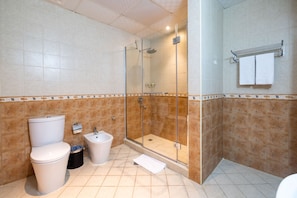 A bathroom with a toilet, bidet, and glass-enclosed shower.