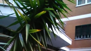 Un bâtiment doté d’une entrée en verre, d’une allée couverte et de plantes en pot.