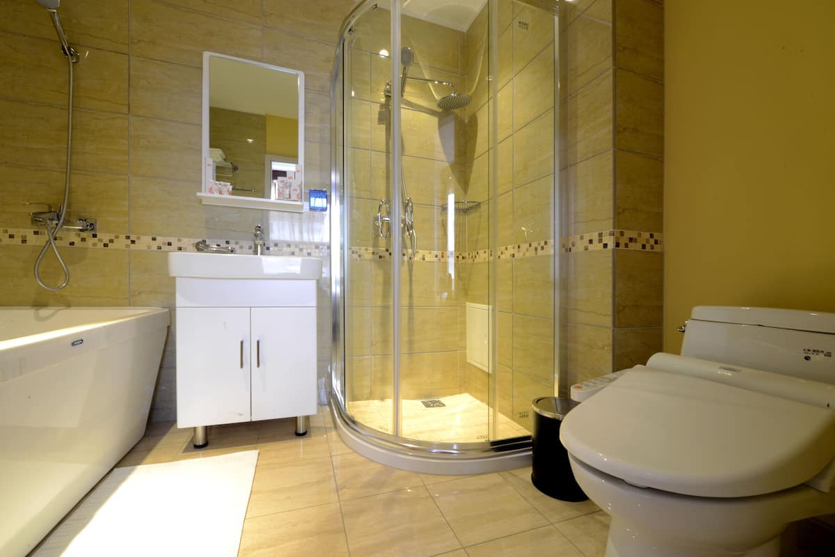 shower, rainfall showerhead, free toiletries, hair dryer