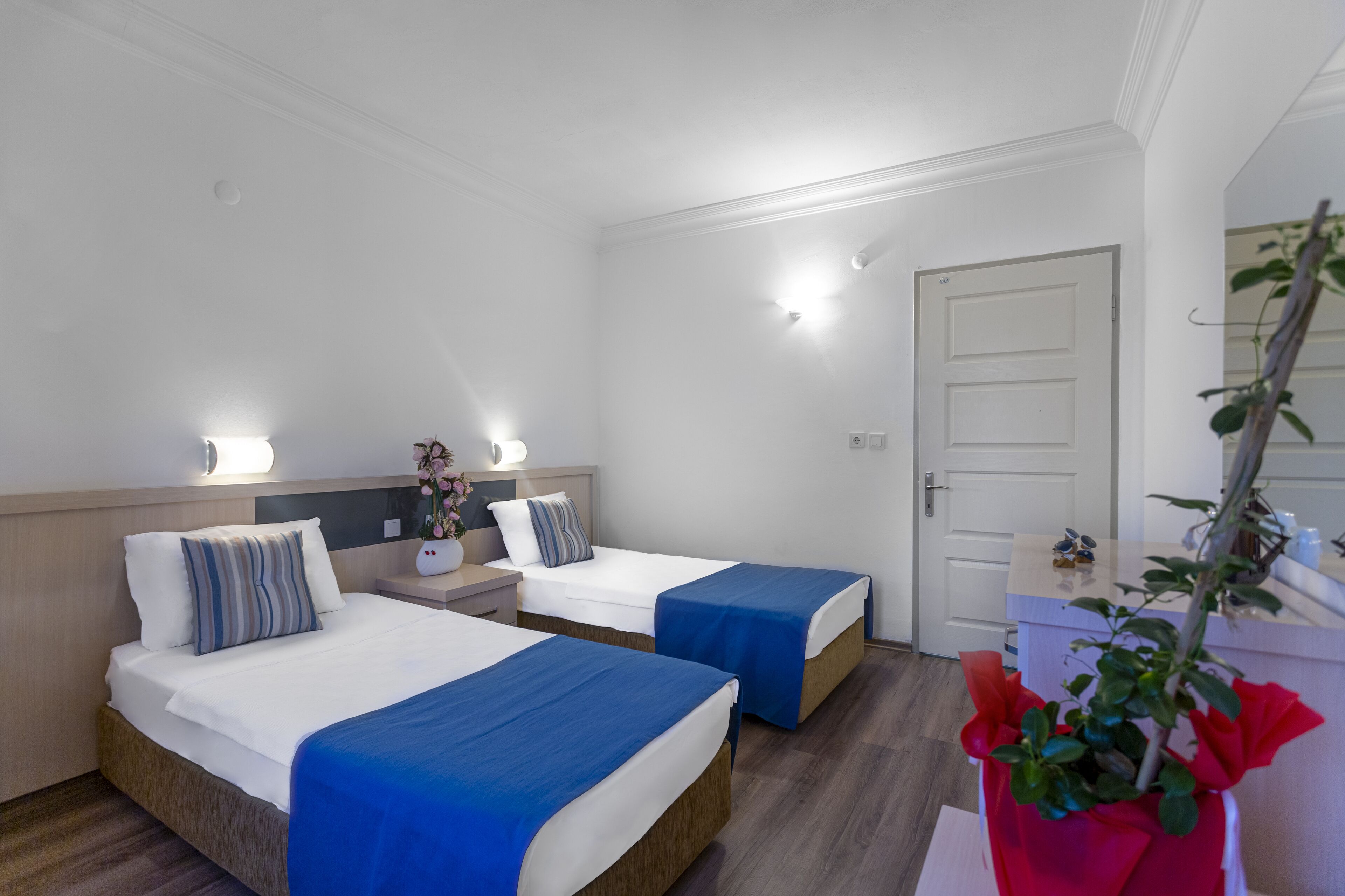 Ein Hotelzimmer mit zwei Betten, einem Nachttisch, einem Spiegel und einer Zimmerpflanze.