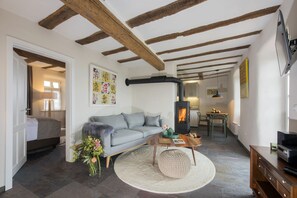 Panoramic Apartment, 1 Bedroom, Balcony | Living area | 32-inch flat-screen TV with satellite channels, TV, fireplace