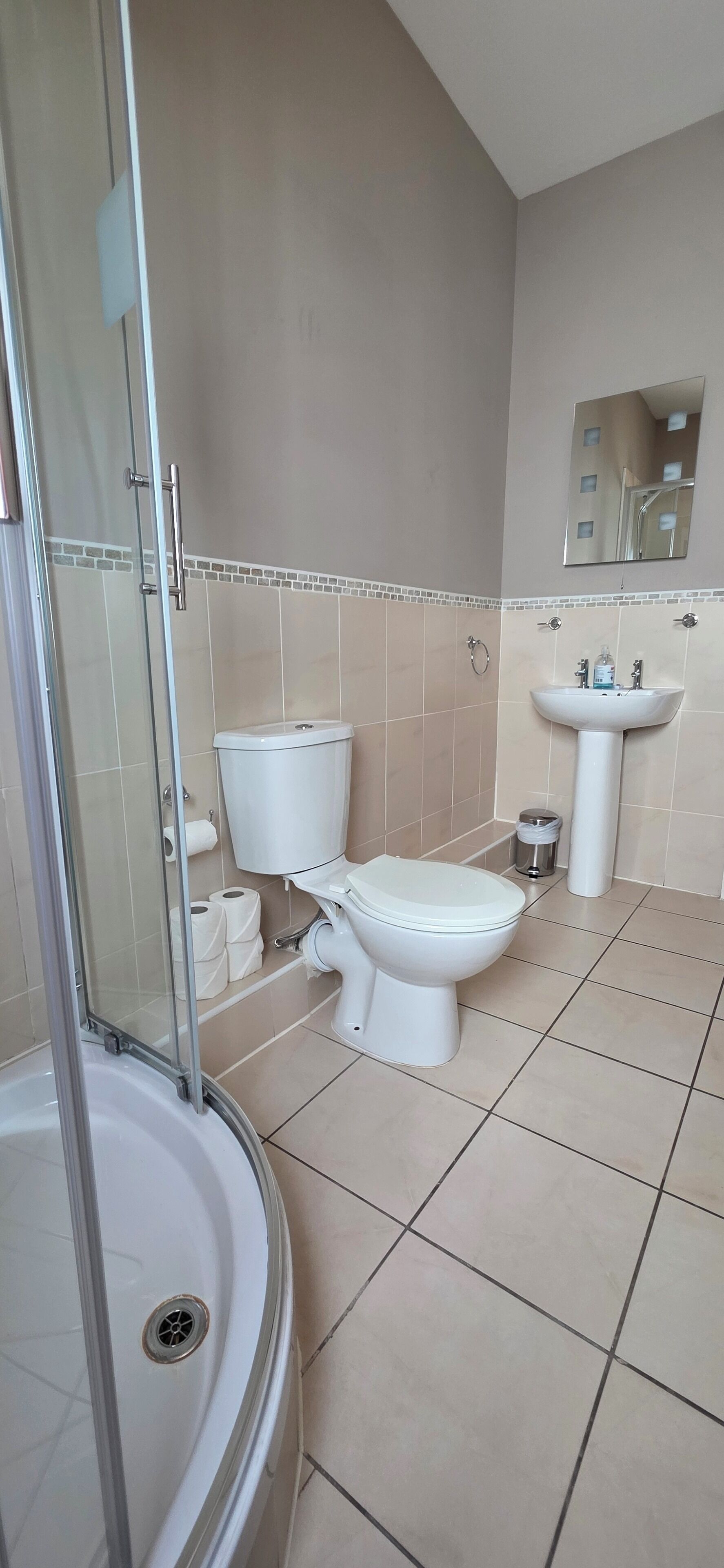 Un bagno con WC, lavandino e doccia.