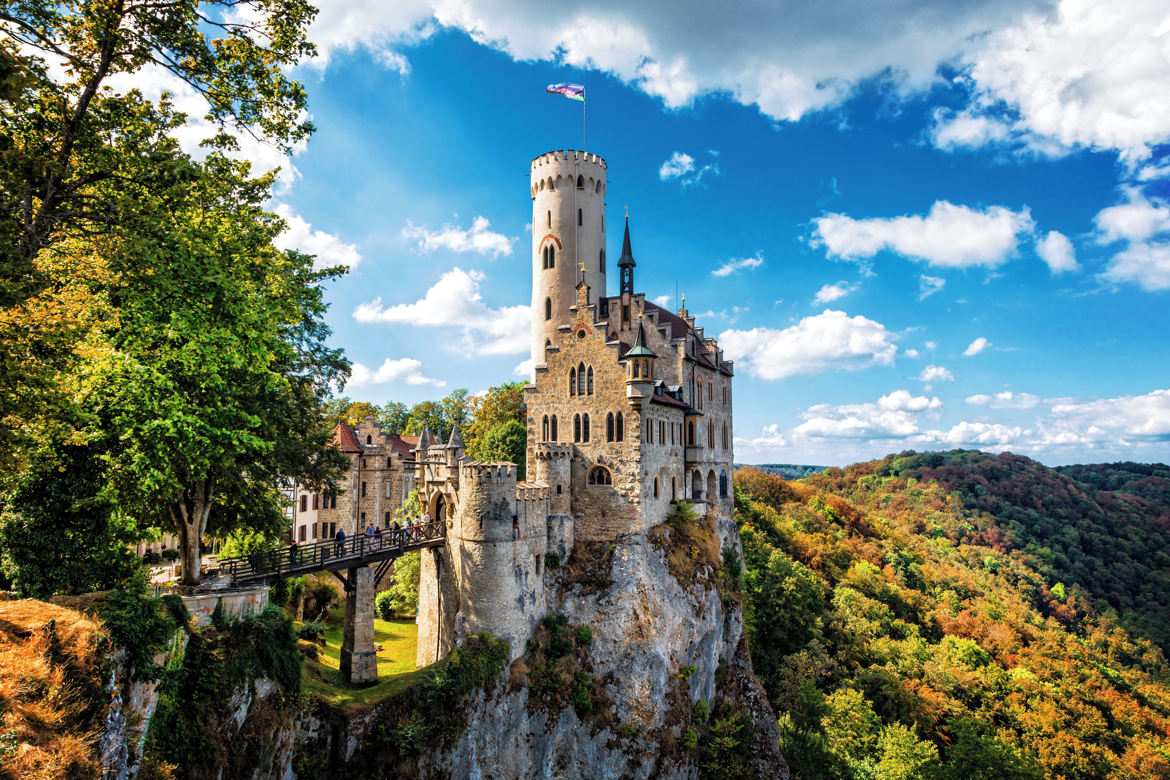 A castle on a cliff with a bridge leading to it.
