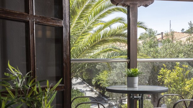A covered outdoor area with a table and chairs, a potted plant, and a view of palm trees and buildings. - Hotel Magdalena (Kassandra)