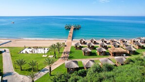 A resort with thatched-roof huts, a beach, and a pier extending into the sea.