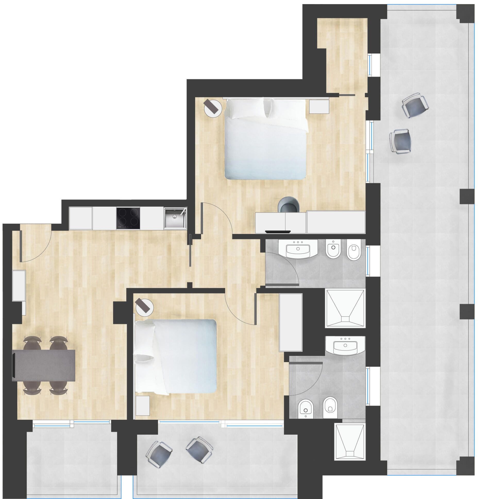 A hotel layout with a large bedroom, a bathroom, a kitchen, and a dining area.