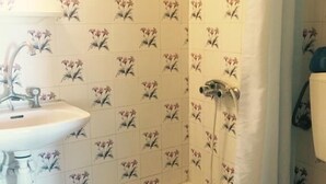 Un baño con baldosas de estampado floral, un lavamanos, una ducha y un inodoro.