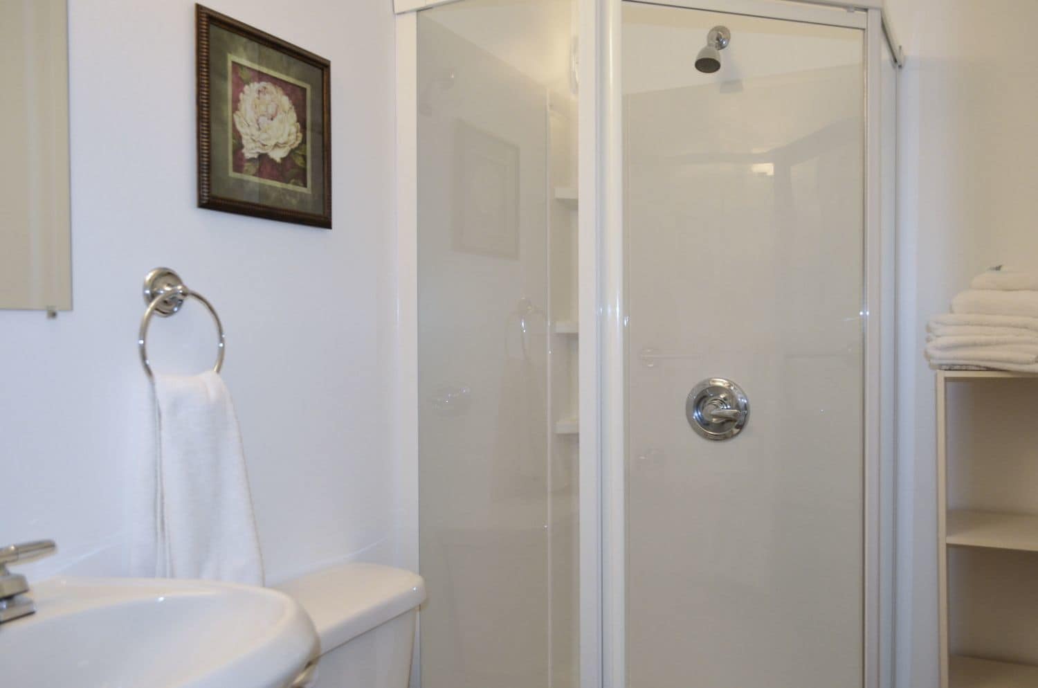 A bathroom with a glass-enclosed shower, a white sink, and a framed picture on the wall.