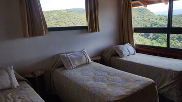 Two single beds with matching headboards and pillows, a small bedside table, and a window with a view of a forested hillside.