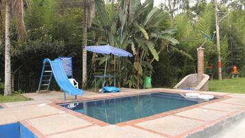 Outdoor pool, pool umbrellas, pool loungers