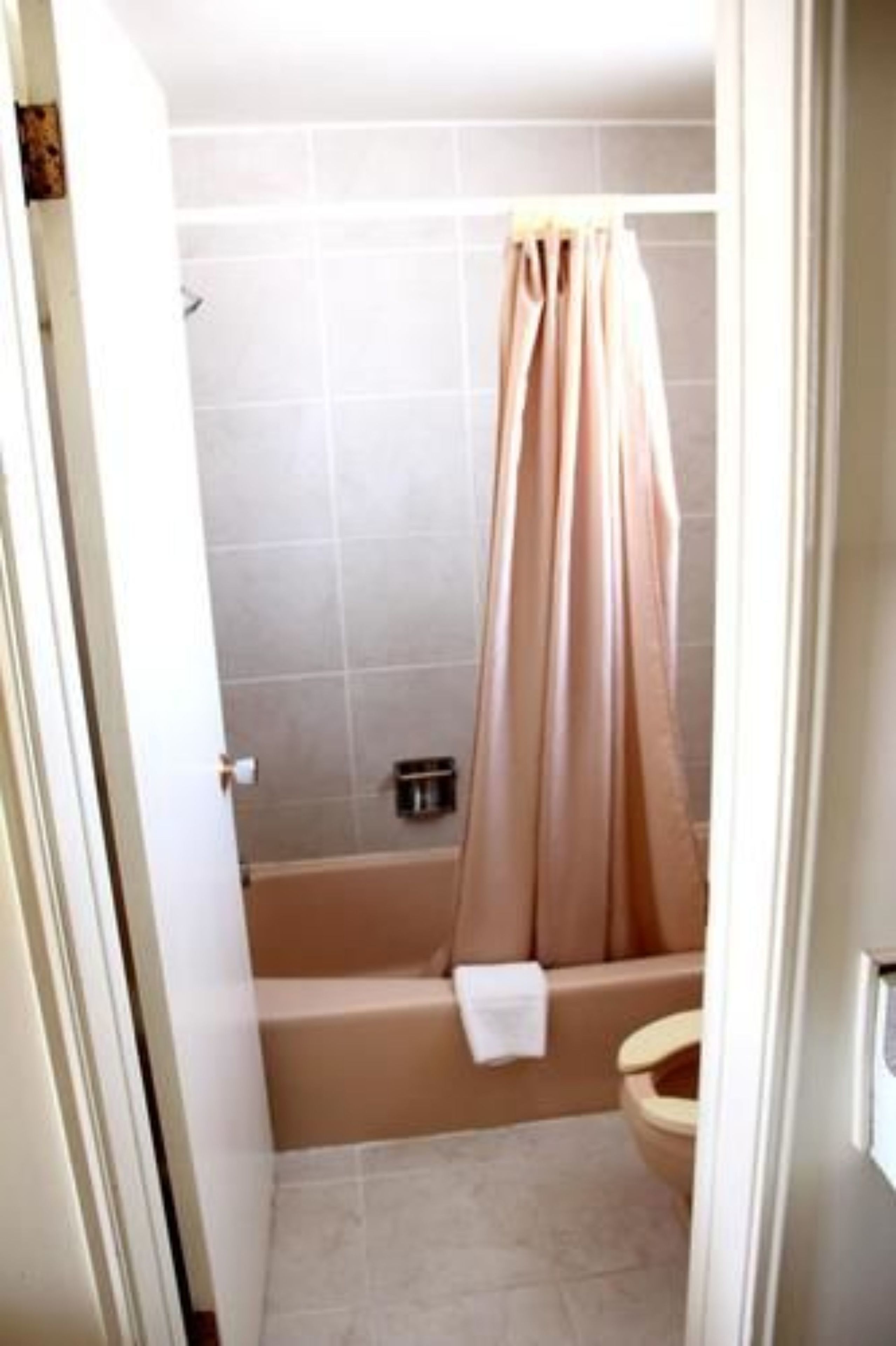 A bathroom with a bathtub, a toilet, and a shower curtain.