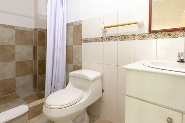 Un baño con inodoro, ducha y lavamanos.
