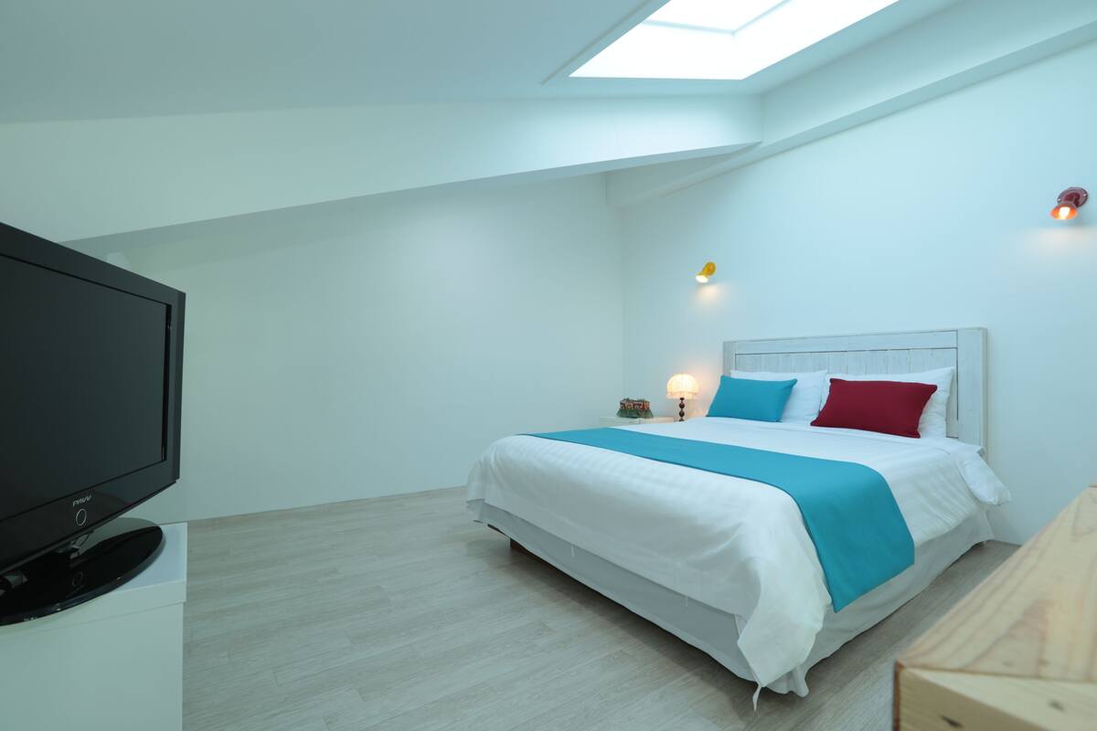 A bedroom with a bed, a TV, and a skylight.