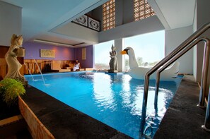 Indoor pool, outdoor pool, pool loungers