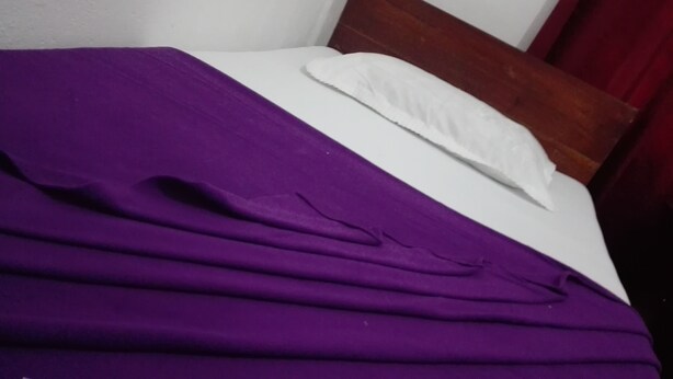 Een bed met een paarse deken en een wit kussen.