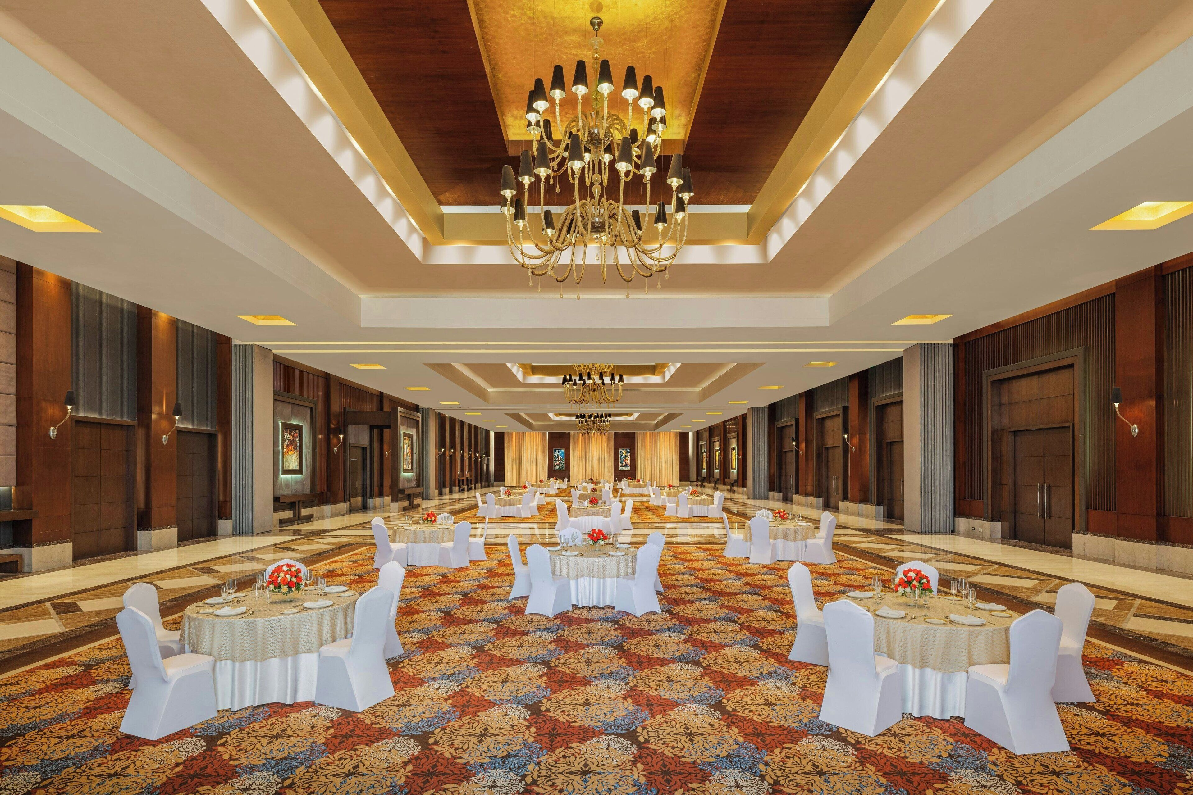 A banquet hall with round tables, white chairs, and a patterned carpet.
