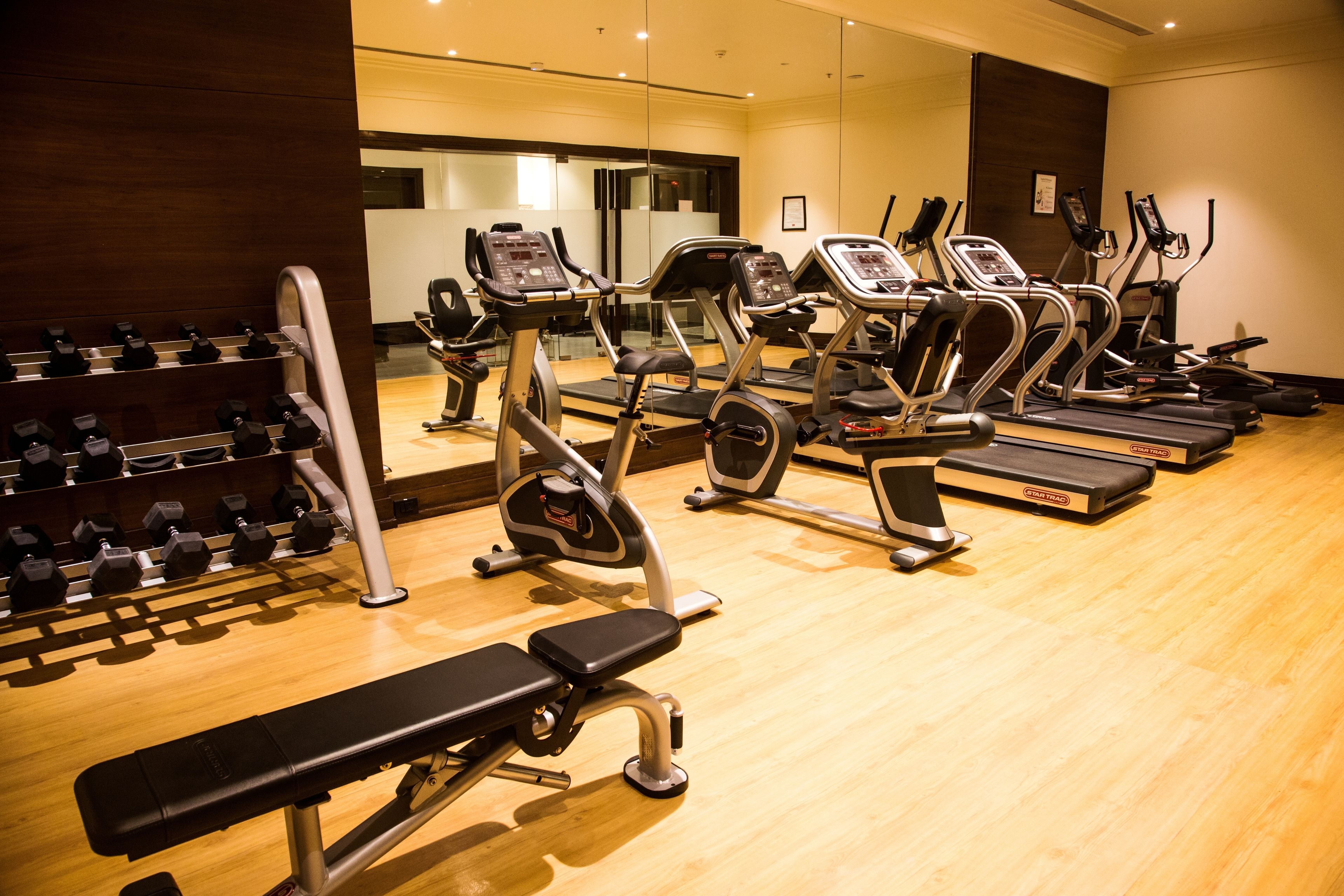 A gym with treadmills, elliptical machines, and a bench.