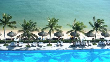 Outdoor pool, pool umbrellas, pool loungers
