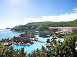 Outdoor pool, pool umbrellas, pool loungers