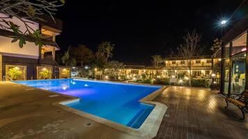 Outdoor pool, pool umbrellas, pool loungers