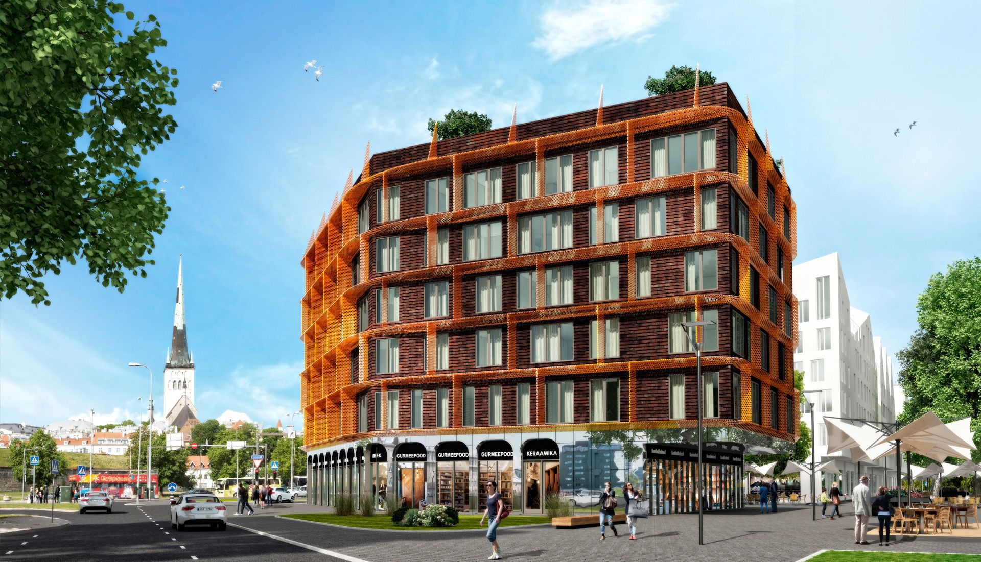 A multi-story building with a brick facade and large windows.