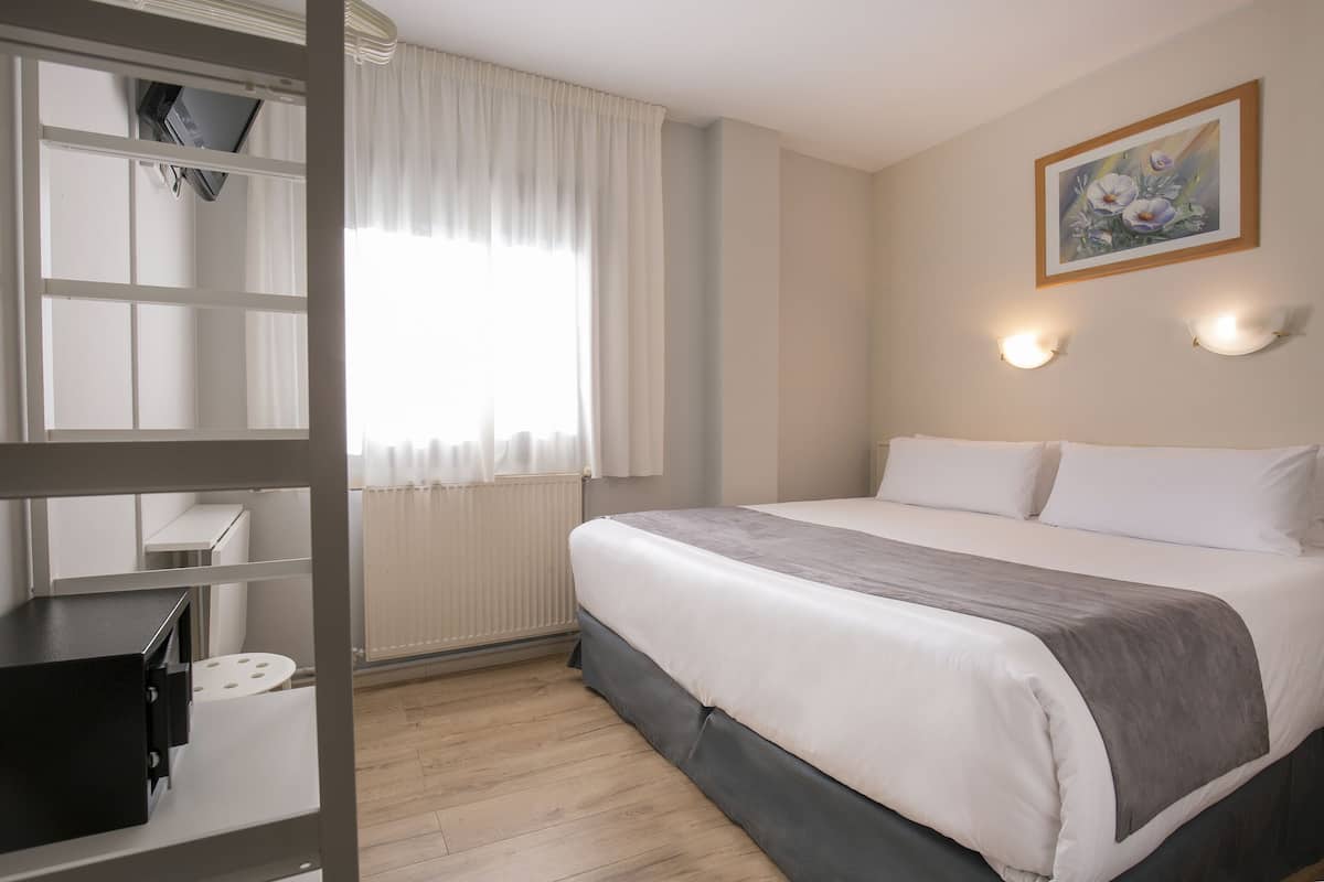Une chambre à coucher avec un lit, une fenêtre avec des rideaux, un radiateur et un tableau accroché au mur.