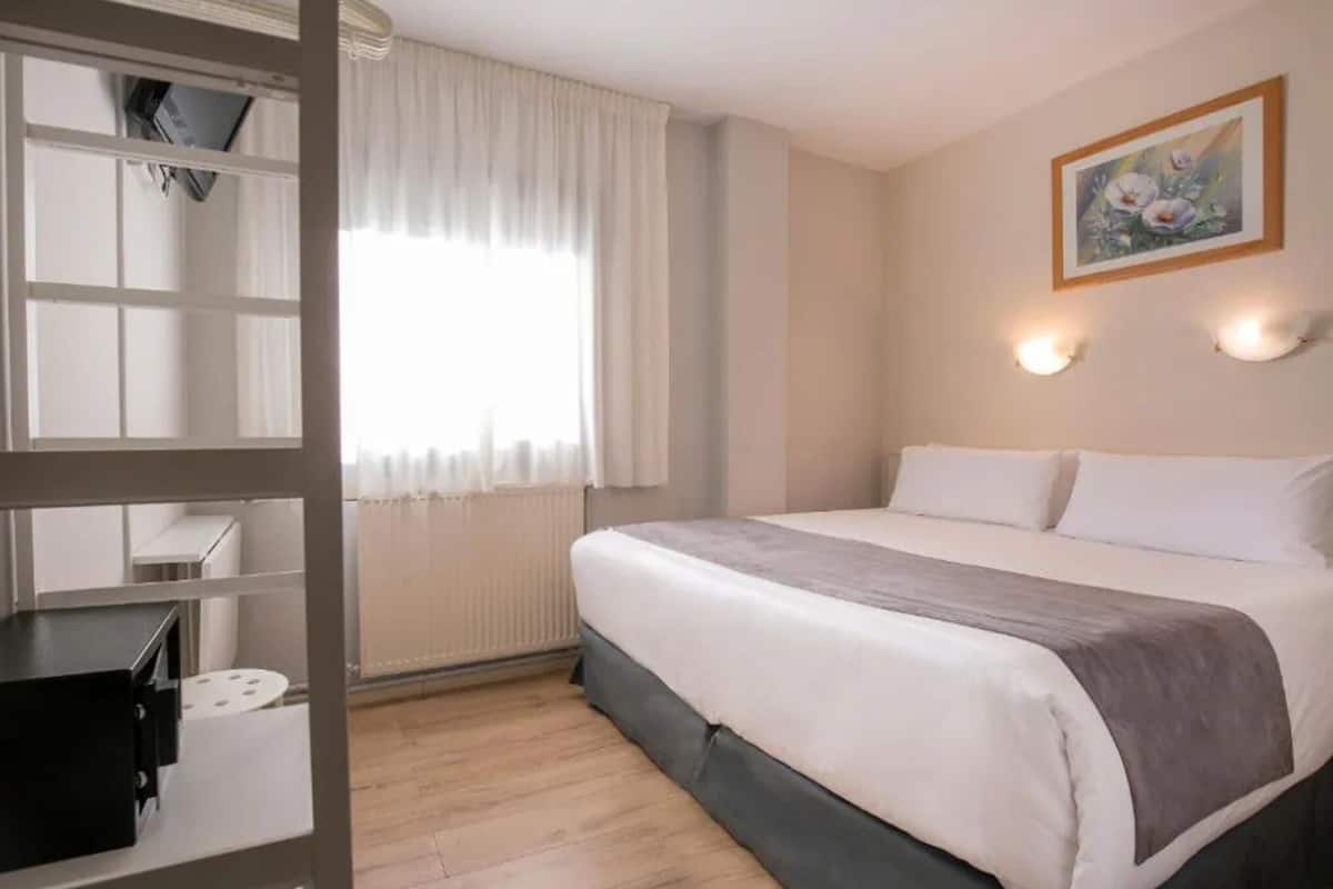 Une chambre à coucher avec un lit, un radiateur, une fenêtre avec des rideaux, un tableau au mur et une étagère sur laquelle se trouvent une télévision et une petite table.