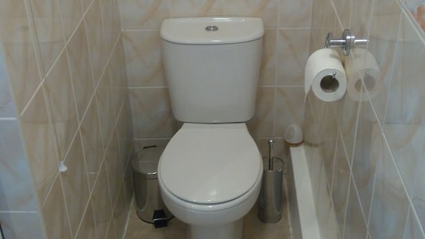 A small bathroom with a toilet, a trash bin, and a toilet paper holder.