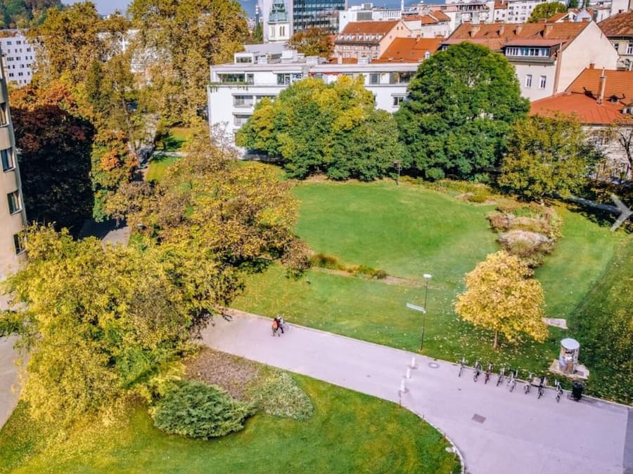 Eine Vogelperspektive auf einen Park mit einem gepflasterten Weg, umgeben von Bäumen und Gebäuden.
