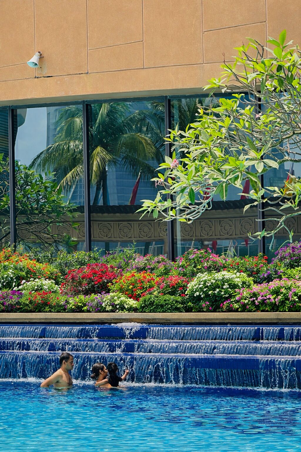 A swimming pool with a waterfall feature, surrounded by lush greenery and a building facade with large windows.